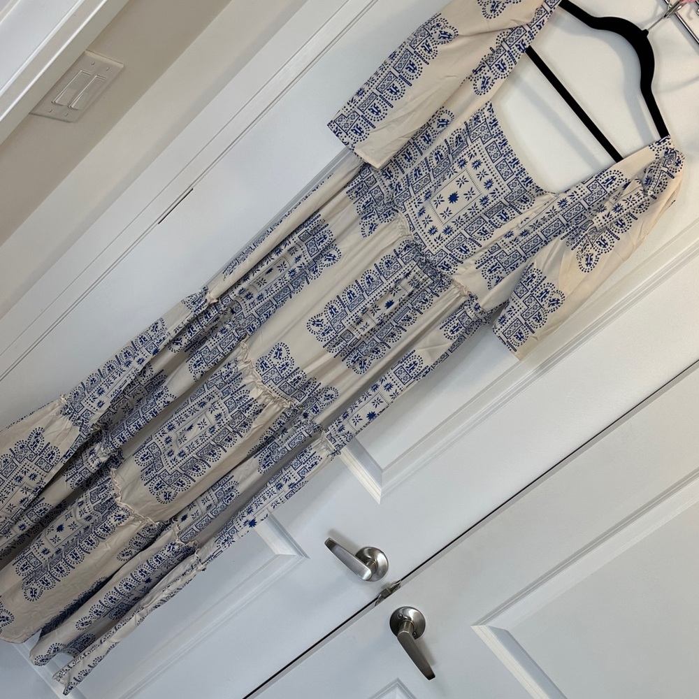 SHEIN Cream and Blue Geometric Maxi Dress